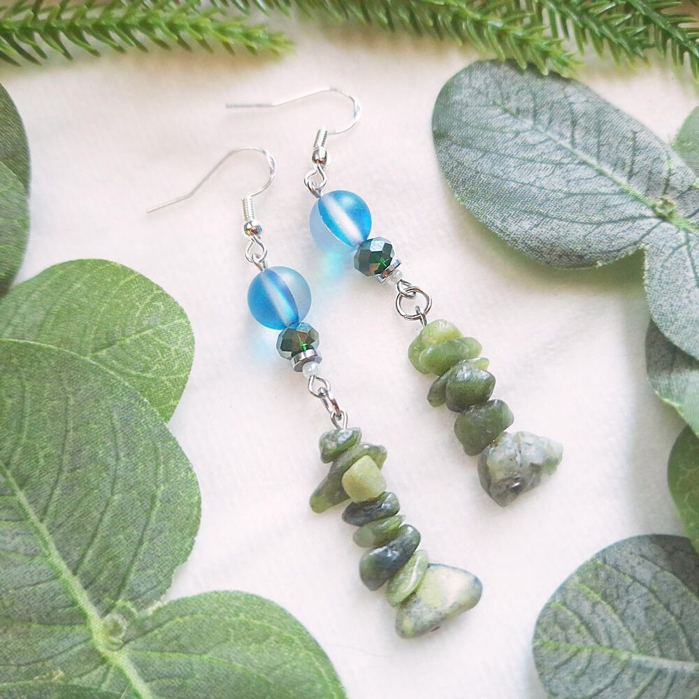 Aqua Blue Glass & Green Serpentine Dangle Earrings - Picture 7 of 13
